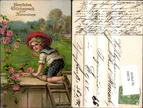 184178,Namenstag Präge Ak Junge m. Matrosenanzug Leiter Rosen Blumen