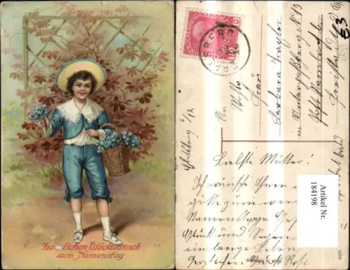 184198,Namenstag Junge i. Matrosenanzug Hut Blumenkorb Blumen Veilchen