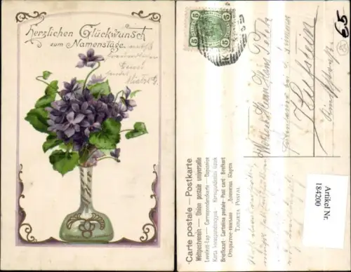 184200,Namenstag Präge Ak Blumenvase Blumen Veilchen Goldverzierung