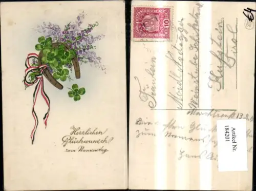 184201,Namenstag Präge Ak Blumen Hufeisen Schleife Goldverzierung