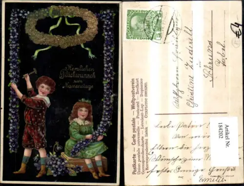 184202,Namenstag Präge Ak Blumenranke Kinder Hammer Goldverzierung