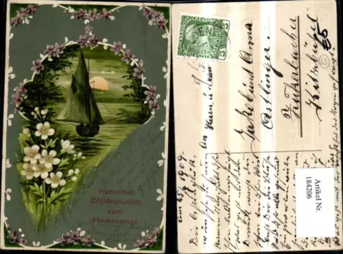 184206,Namenstag Präge Ak Segelboot i. Rahmen Blumenranke Blumen