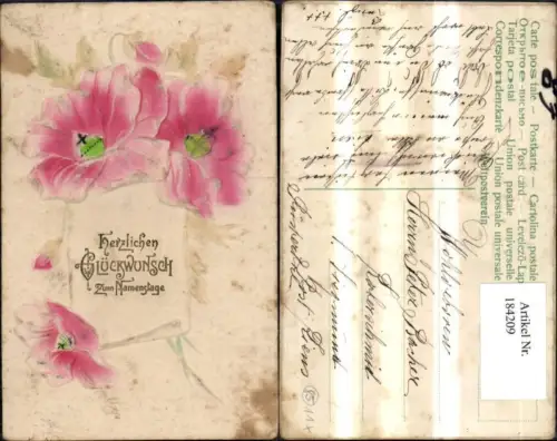 184209,Namenstag Präge Ak Papierrolle Schriftrolle Blumen Blüten