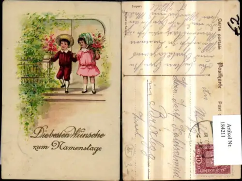 184211,Namenstag Präge Ak Kinder a. Stufen v. Haus m. Blumen Goldverzierung
