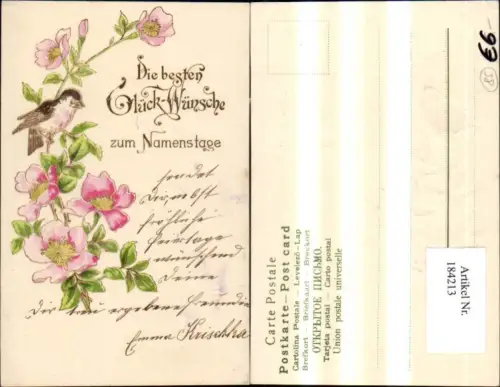 184213,Namenstag Präge Ak Blumen Vogel Goldverzierung