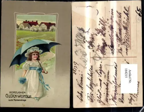 184215,Namenstag Mädchen m. Blumen Regenschirm Sonnenschirm v. Dorf