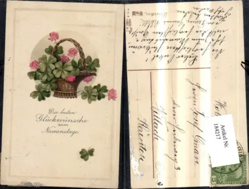184217,Namenstag Präge Ak Blumenkorb Klee Kleeblatt