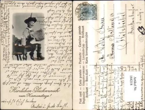 184218,Namenstag Präge Ak Junge Bub m. Hut u. Zeitung Bierkrug Goldschrift