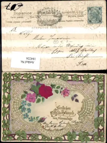 184226,Namenstag Schöne Präge Ak Keeblätter Ranke Rosen a. Stoff Goldschrift