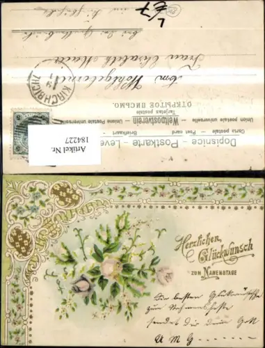 184227,Namenstag Präge Litho Ranke Blumen Rosen Goldschrift