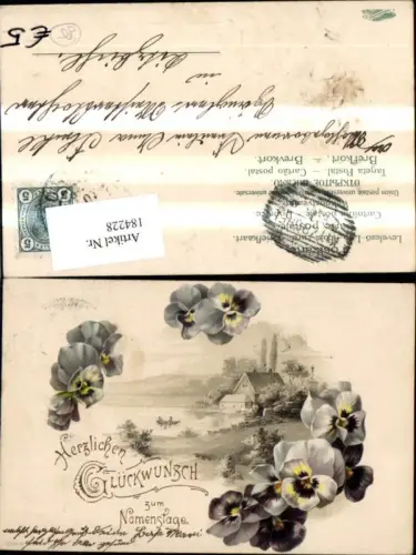 184228,Namenstag Präge Ak Landschaft m. Blumen Stiefmütterchen Goldschrift