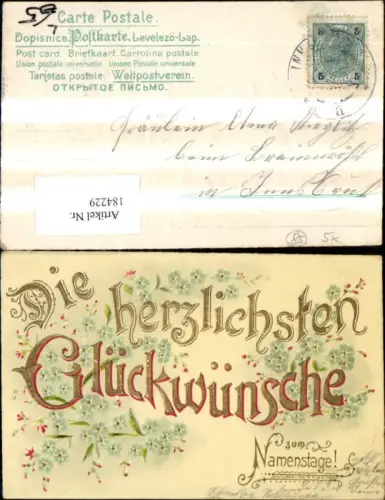 184229,Namenstag Präge Litho Blumenranke Blumen Goldschrift