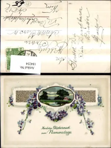 184234,Namenstag Präge Ak Landschaft i. Rahmen Blumenranke Blumen Veilchen Goldverzierung