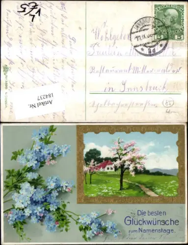 184237,Namenstag Präge Litho Landschaft i. Goldrahmen Blumen Veilchen pub Erika 3896