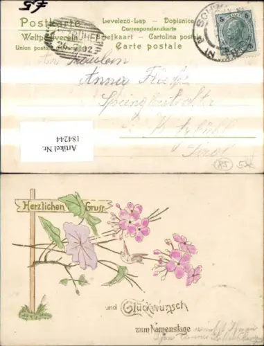 184244,Namenstag Präge Ak Wegweiser Blumen Vogel Taube Goldverzierung