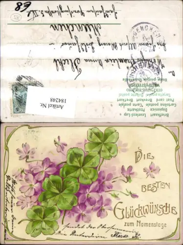 184248,Namenstag Präge Litho Blumen Klee Goldschrift