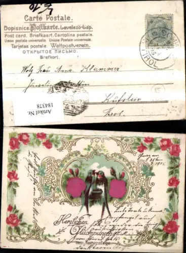 184378,Namenstag Präge Litho Schwalben Stoffrosen Goldverzierung Rosen