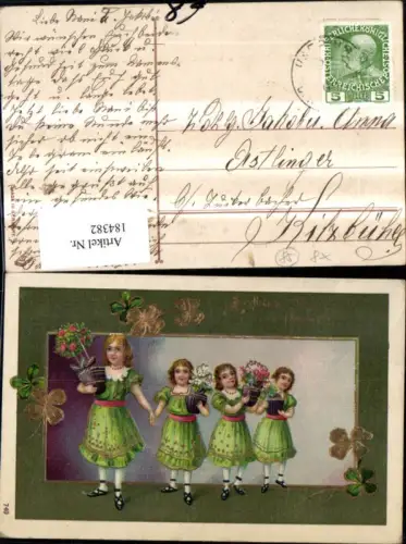 184382,Namenstag Präge Ak Mädchen m. Blumentopf Kleeblatt Goldverzierung