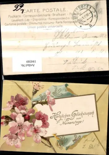 184389,Namenstag Präge Litho Blumen Blütenzweig Karte Goldverzierung
