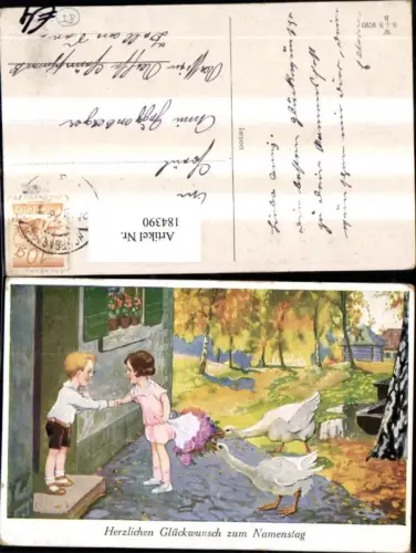 184390,Namenstag Kinder Blumenstrauß m. Gänse knabbern a. Strauß