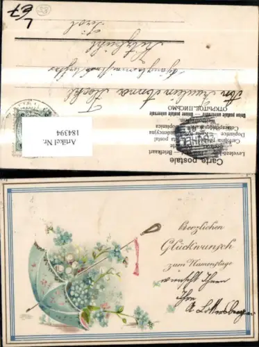 184394,Namenstag Präge Litho Regenschirm m. Blumen Goldverzierung