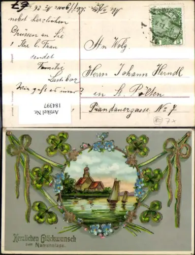 184397,Namenstag Präge Ak Landschaft Segelboot i. Rahmen Blumenranke Kleeblatt Goldverzierung