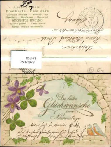 184398,Namenstag Präge Litho Fensterrahmen a. Stein m. Vögel Blumen Goldverzierung