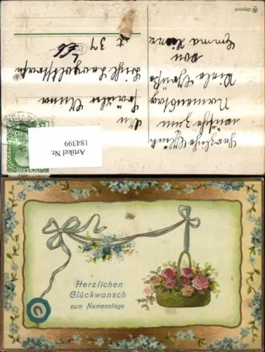 184399,Namenstag Präge Litho Blumenkorb Schleife Goldverzierung Passepartout