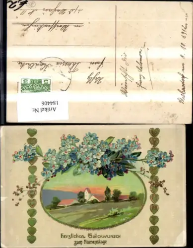 184406,Namenstag Präge Ak Landschaft i. Rahmen Herzen Blumen Goldverzierung