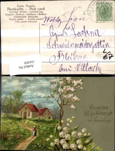 184408,Namenstag Präge Litho Landschaft m. Frau Baum Maiglöckchen Goldverzierung