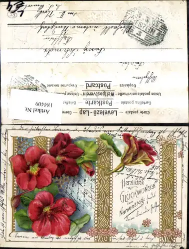 184409,Namenstag Präge Litho Blumen Goldverzierung