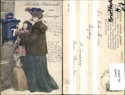 184421,Namenstag Frau m. Mädchen werfen Brief i. Postkasten Briefkasten