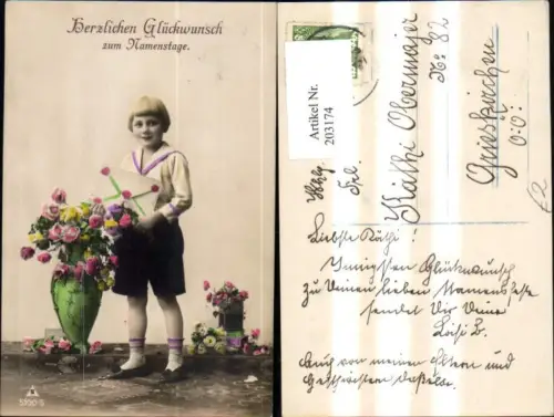 203174,Namenstag Kind Junge Bub m. Kuvert Brief Vase m. Blumen Rosen