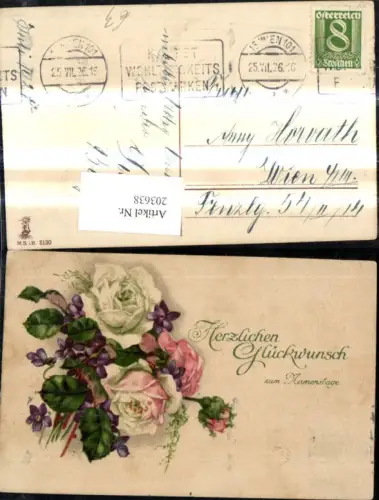 203638,Künstler Ak Namenstag Blumen Strauß Rosen Veilchen