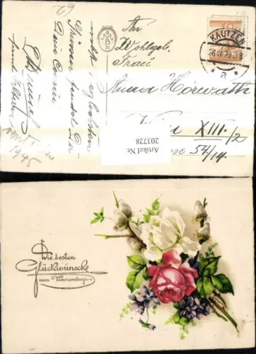 203728,Künstler Ak Namenstag Strauß Blumen Veilchen Rosen Palmkätzchenzweige