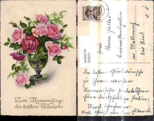 203815,Namenstag Vase m. Blumen Rosen Blumenvase pub Erika 1124
