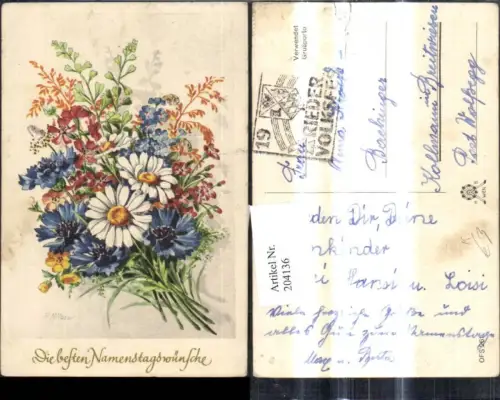 204136,Künstler Ak F. Milan Blumenstrauß Blumen Strauß Margeriten Kornblumen Goldschrift