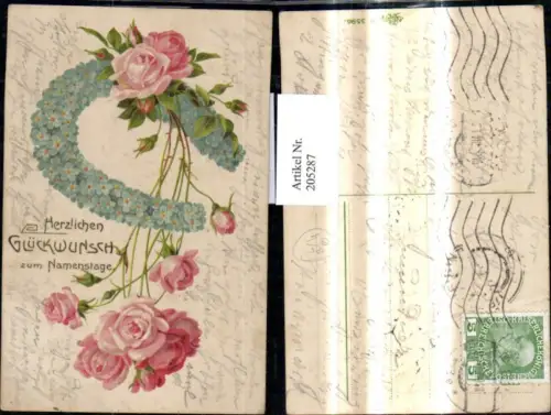 205287,Präge Litho Hufeisen a. Blüten Blumen Vergissmeinnicht Rosen Namenstag