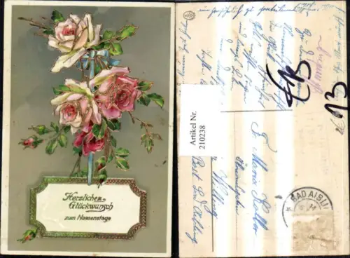 210238,Präge AK Golddruck Namenstag Rosen Rosenblüten Schleife