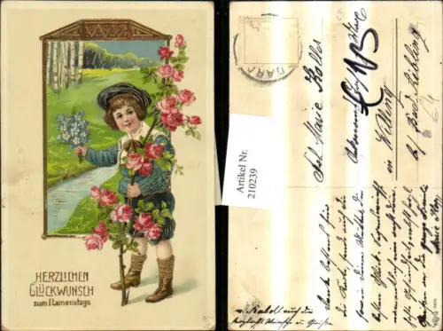 210239,Präge AK Golddruck Namenstag Junge m. Haube Rosenzweig Rosen Blumen