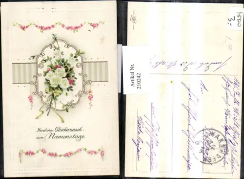 210242,Präge Litho AK Namenstag Rosenstrauß Rosen Verzierung