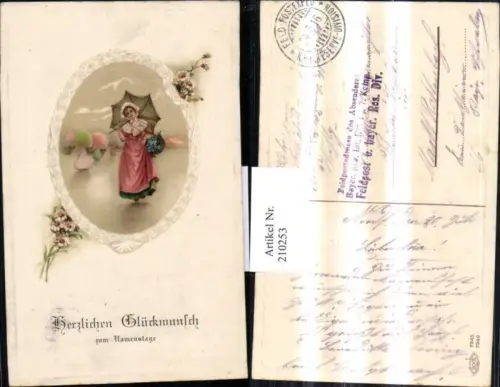 210253,Präge AK Namenstag Frau m. Kleid Schirm u. Korb Blumen