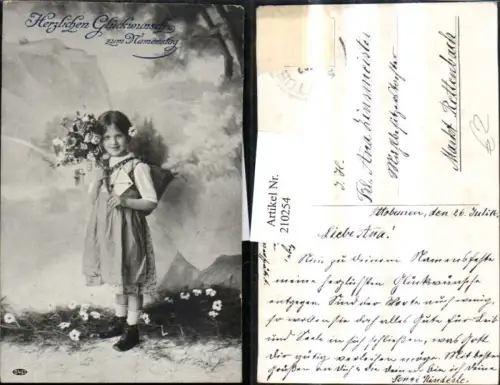 210254,Namenstag Mädechen m. Kleid Korb u. Blumenstrauß Blumen