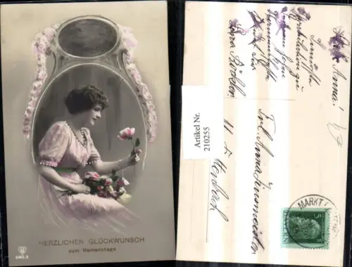 210255,Namenstag Frau m. Kleid Rosenstrauß Rosen