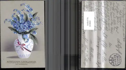 215022,Namenstag Vase m. Blumen Goldschrift