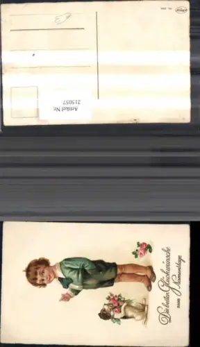 215057,Namenstag Kind Junge Bub Matrosenanzug m. Hund Blumen Rosen