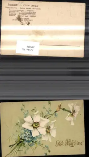 215058,Präge Ak Namenstag Hoch Karoline Blumen Narzissen Goldschrift