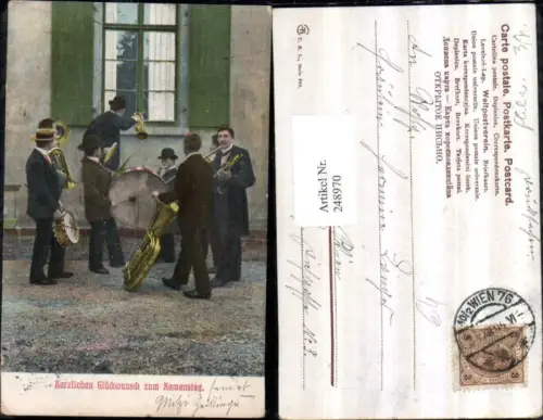 248970,Namenstag Männer m. Instrumenten vor d. Fenster Trommel Trompete Horn