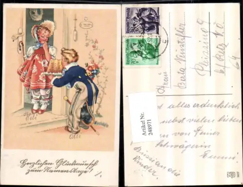 248971,Namenstag Junge m. Kuchen Hut Stock Blumenstrauß Mädchen m. Kleid Schirm Hut