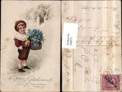 248977,Namenstag Junge m. Haube Korb Blumen Vergissmeinnicht pub EAS 3962